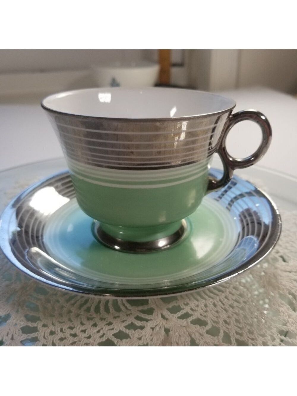 N&C Teacup & Saucer Japan Green White and Silver Vintage